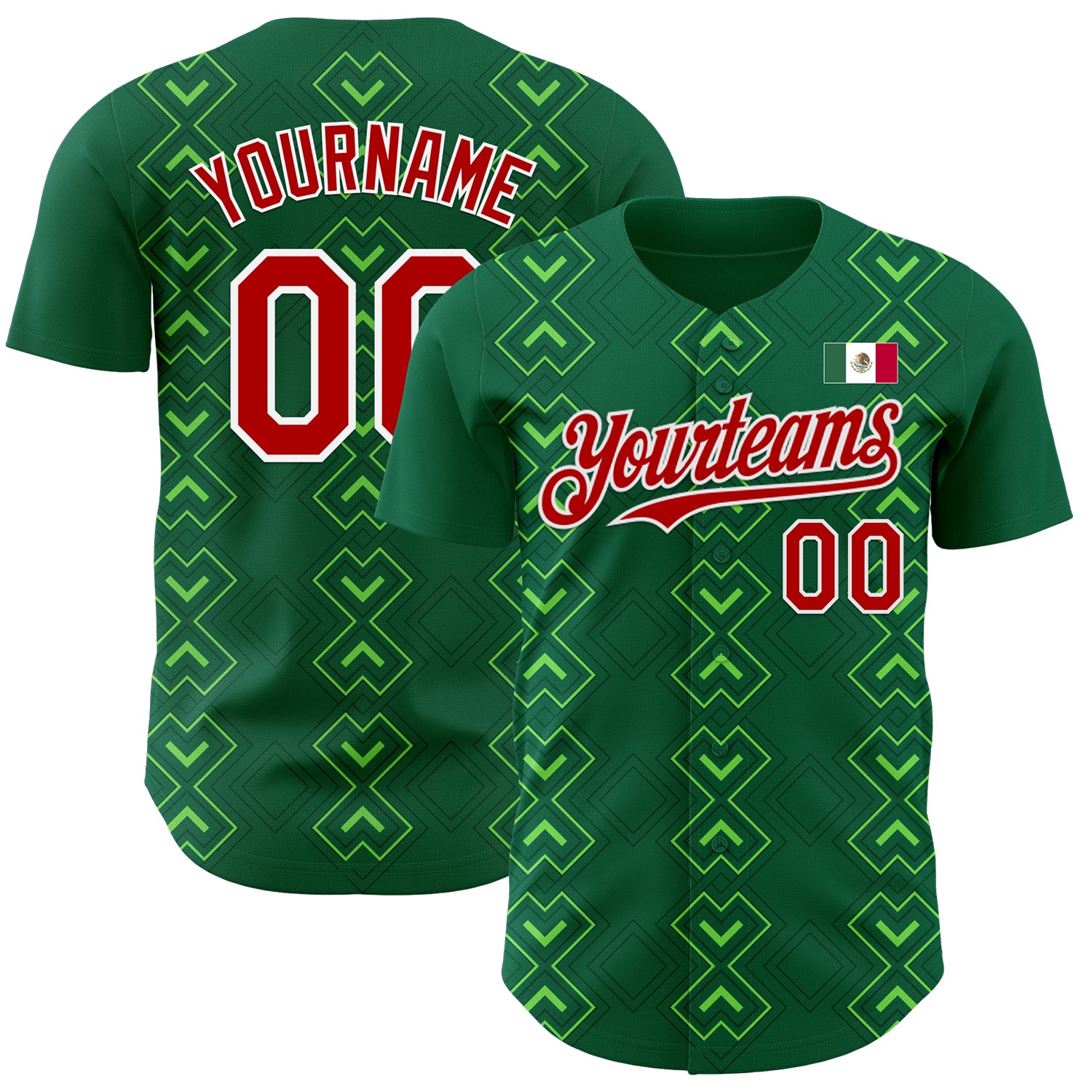 Custom Kelly Green Red-White 3D Mexico Mexican Flag Authentic Baseball Jersey