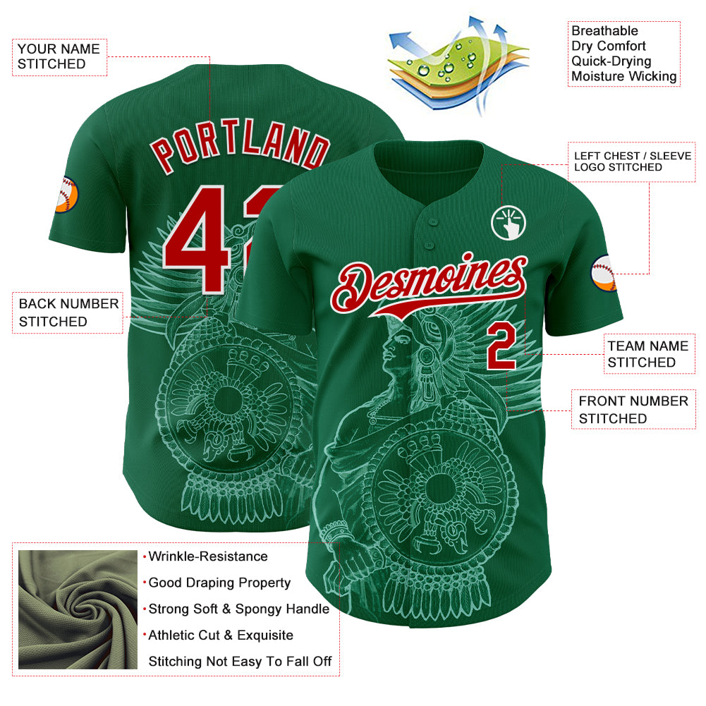 Custom Kelly Green Red-White 3D Mexico Mexican Flag Authentic Baseball Jersey