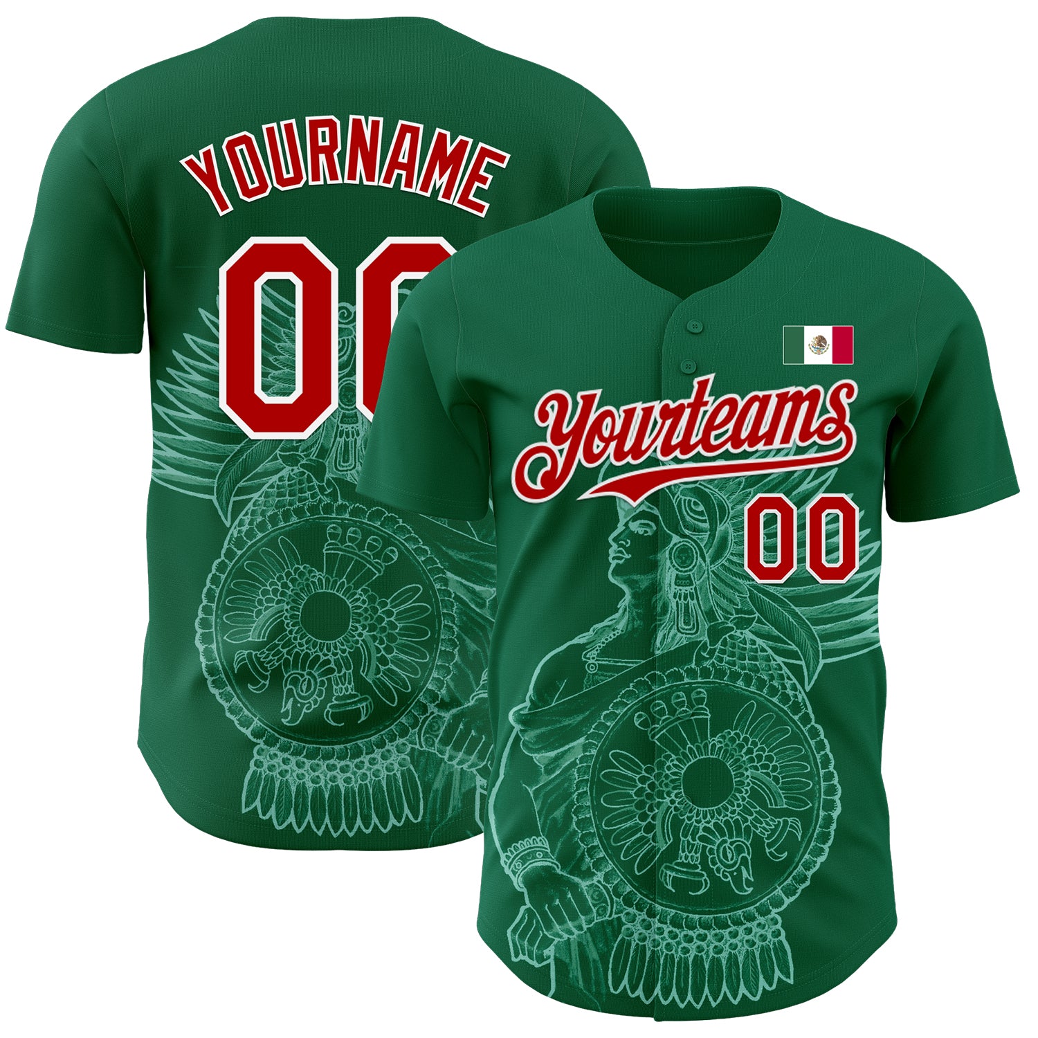 Custom Kelly Green Red-White 3D Mexico Mexican Flag Authentic Baseball Jersey