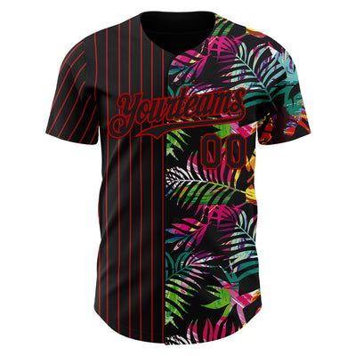 Custom Black Red 3D Pattern Design Pinstripe Tropical Palm Leaves Authentic Baseball Jersey