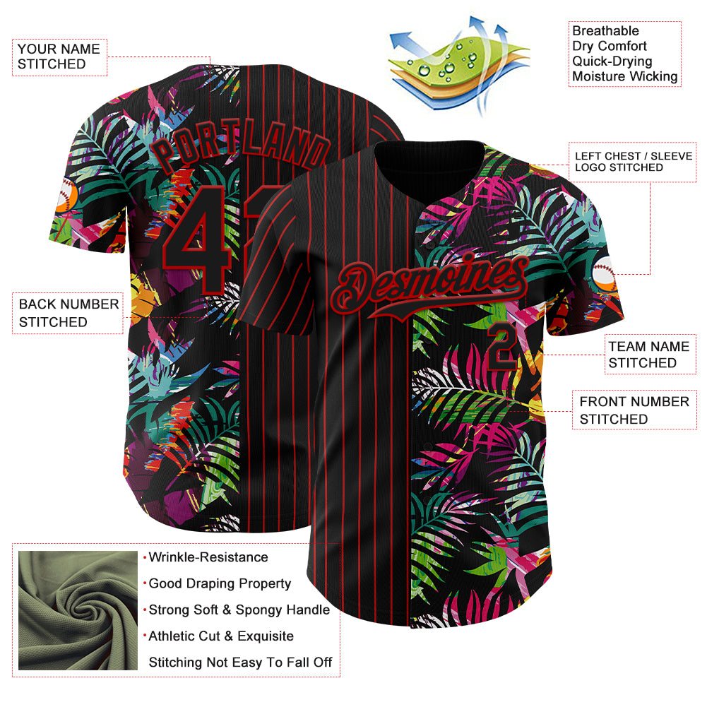 Custom Black Red 3D Pattern Design Pinstripe Tropical Palm Leaves Authentic Baseball Jersey