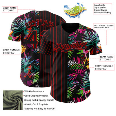 Custom Black Red 3D Pattern Design Pinstripe Tropical Palm Leaves Authentic Baseball Jersey