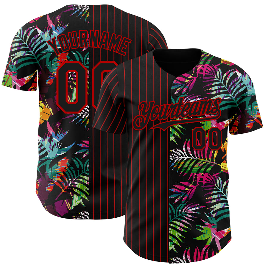 Custom Black Red 3D Pattern Design Pinstripe Tropical Palm Leaves Authentic Baseball Jersey