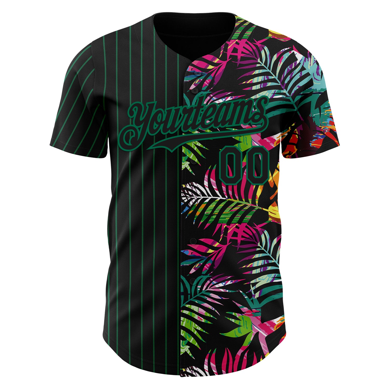 Custom Black Kelly Green 3D Pattern Design Pinstripe Tropical Palm Leaves Authentic Baseball Jersey
