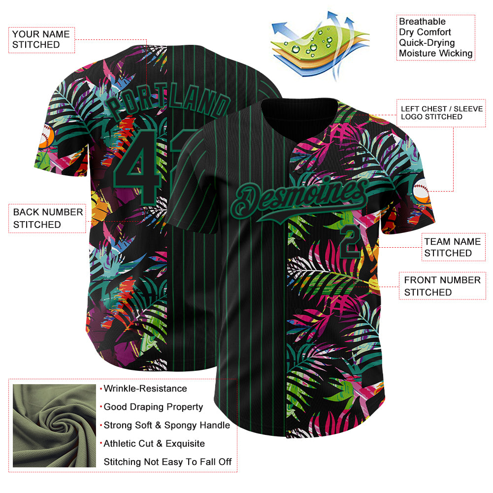Custom Black Kelly Green 3D Pattern Design Pinstripe Tropical Palm Leaves Authentic Baseball Jersey