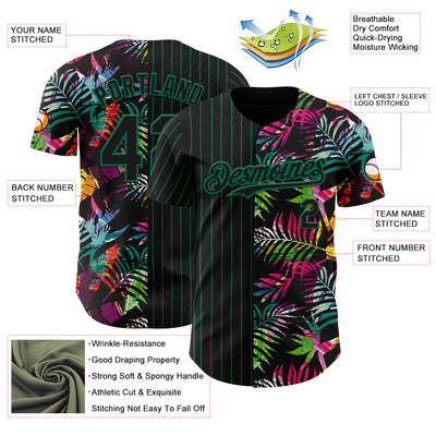 Custom Black Kelly Green 3D Pattern Design Pinstripe Tropical Palm Leaves Authentic Baseball Jersey