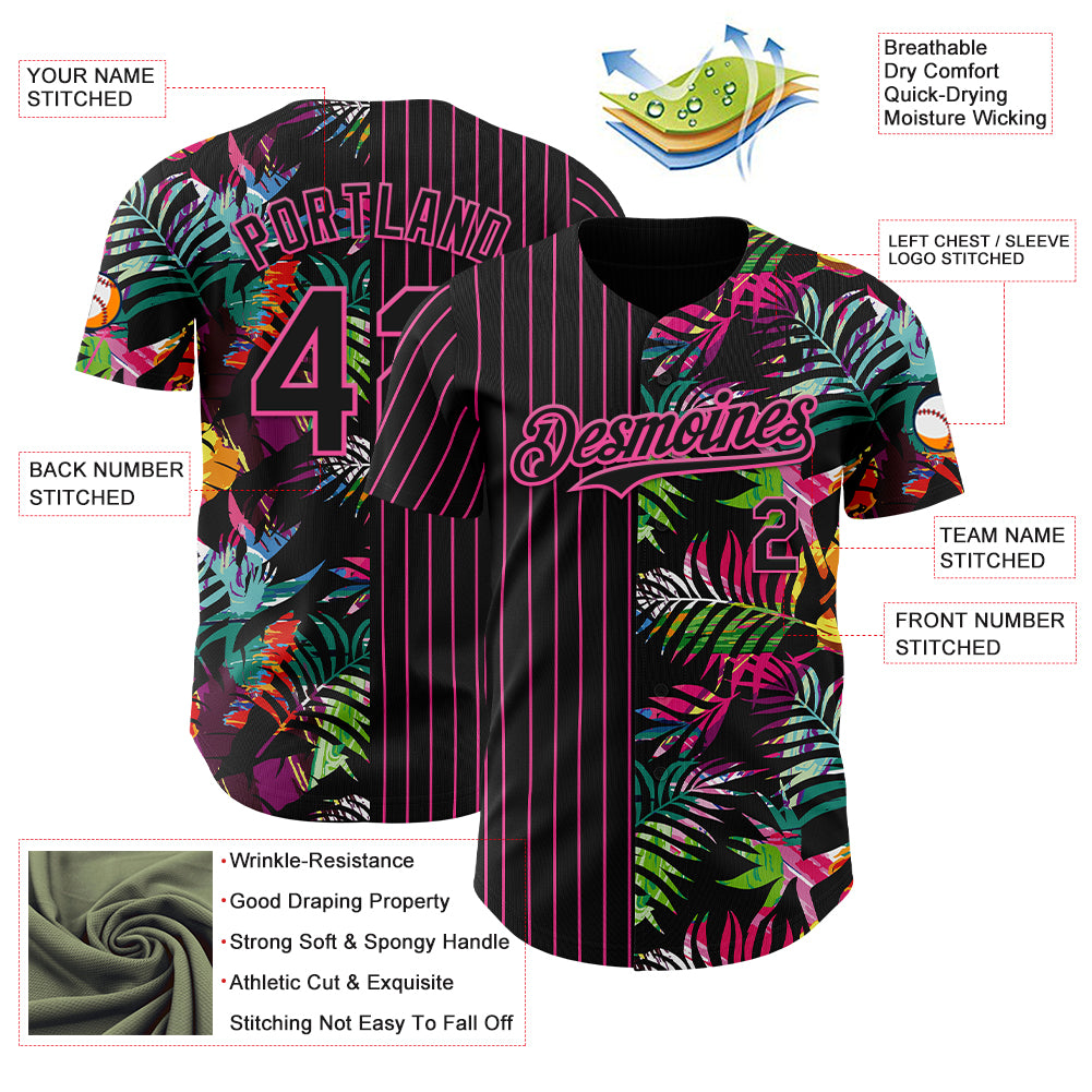 Custom Black Pink 3D Pattern Design Pinstripe Tropical Palm Leaves Authentic Baseball Jersey