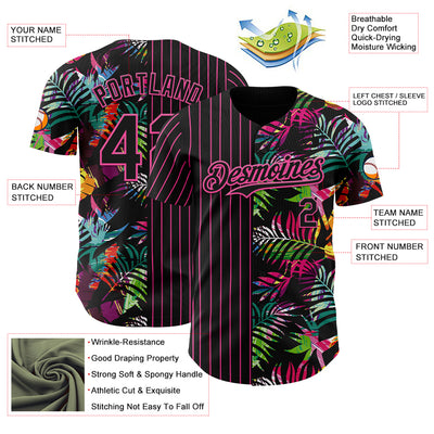 Custom Black Pink 3D Pattern Design Pinstripe Tropical Palm Leaves Authentic Baseball Jersey