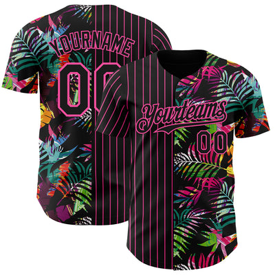 Custom Black Pink 3D Pattern Design Pinstripe Tropical Palm Leaves Authentic Baseball Jersey