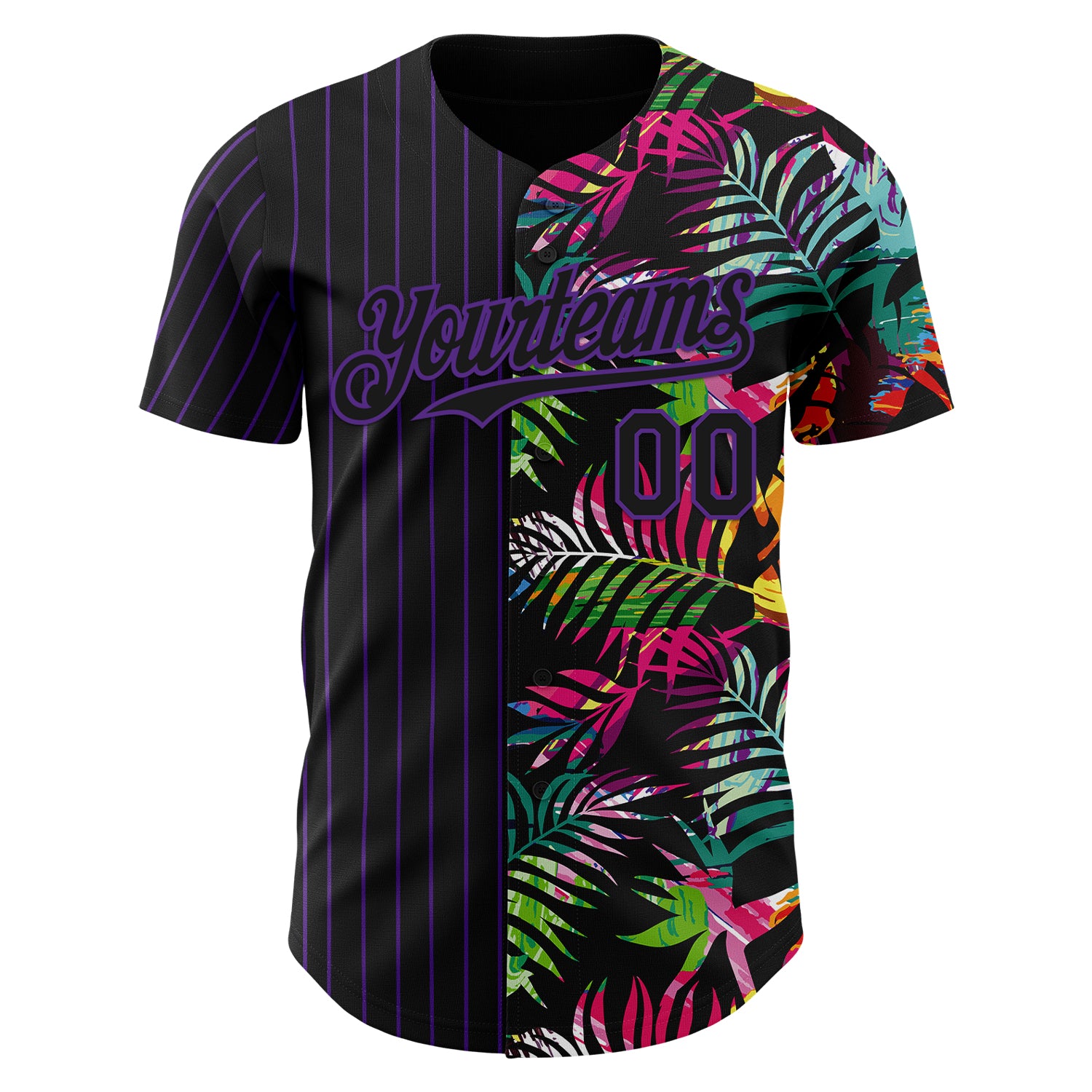 Custom Black Purple 3D Pattern Design Pinstripe Tropical Palm Leaves Authentic Baseball Jersey
