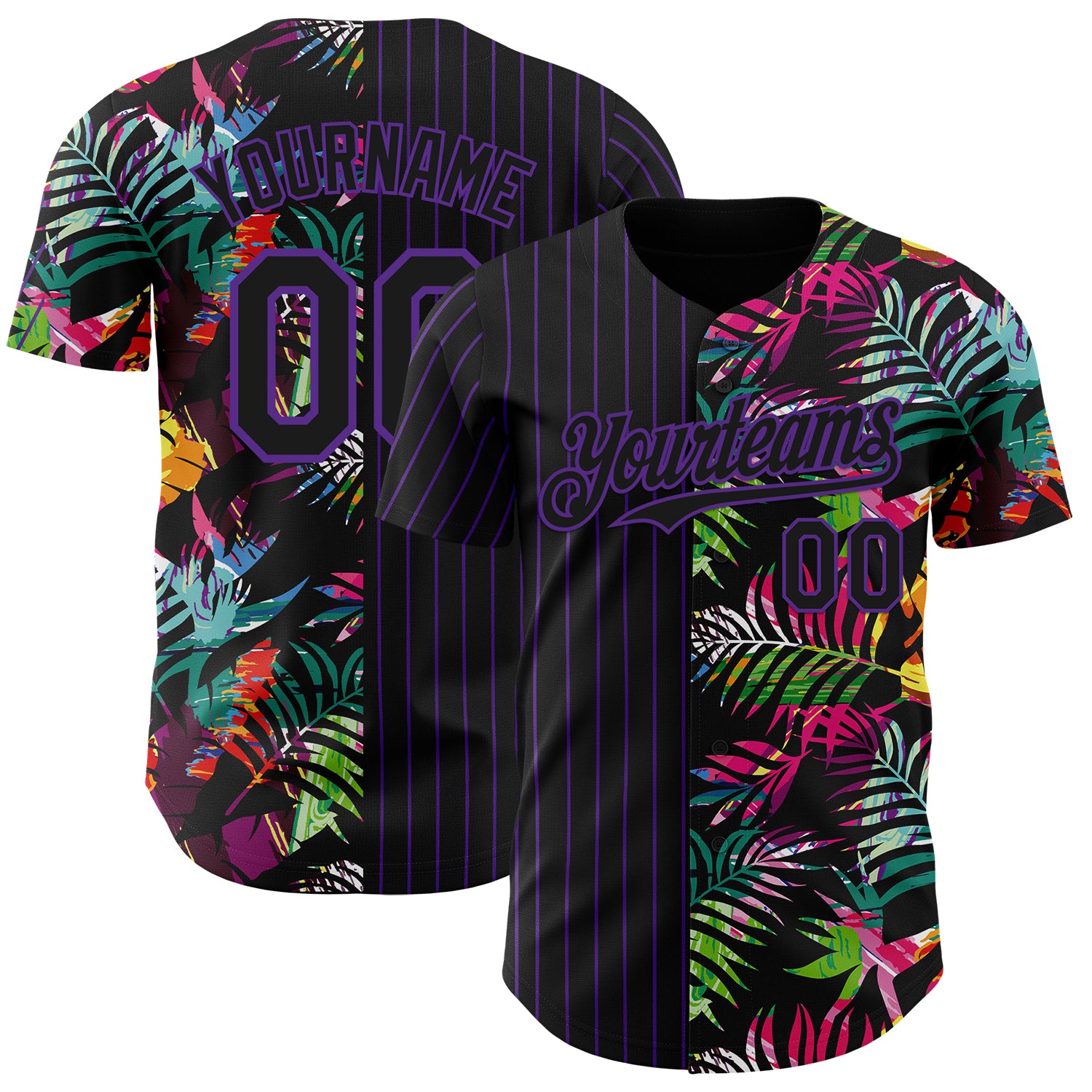 Custom Black Purple 3D Pattern Design Pinstripe Tropical Palm Leaves Authentic Baseball Jersey