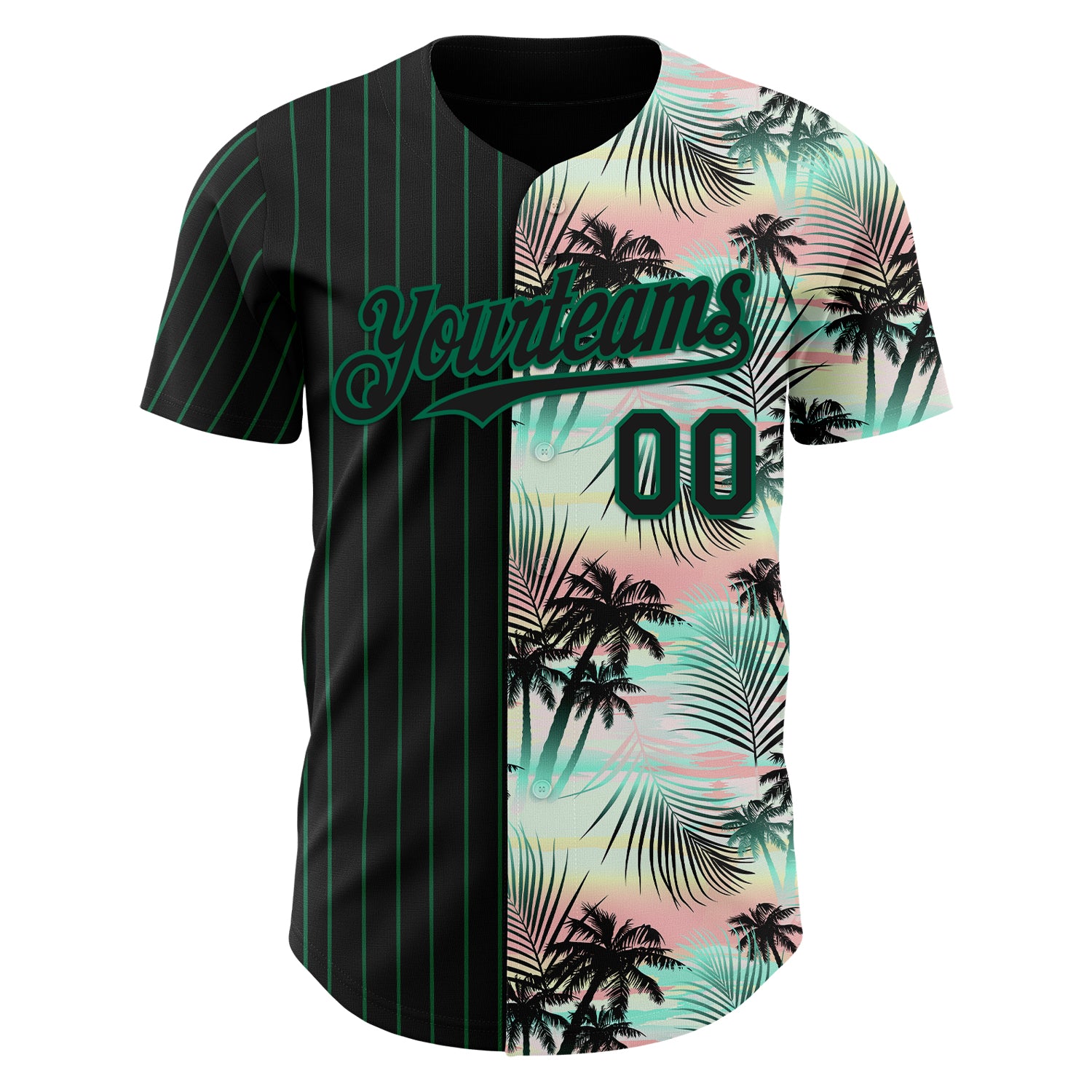 Custom Black Kelly Green 3D Pattern Design Pinstripe Tropical Palm Leaves Authentic Baseball Jersey