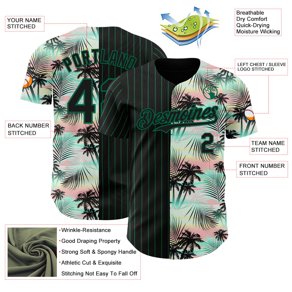 Custom Black Kelly Green 3D Pattern Design Pinstripe Tropical Palm Leaves Authentic Baseball Jersey