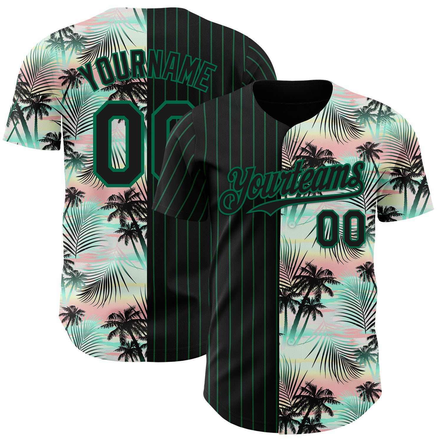 Custom Black Kelly Green 3D Pattern Design Pinstripe Tropical Palm Leaves Authentic Baseball Jersey