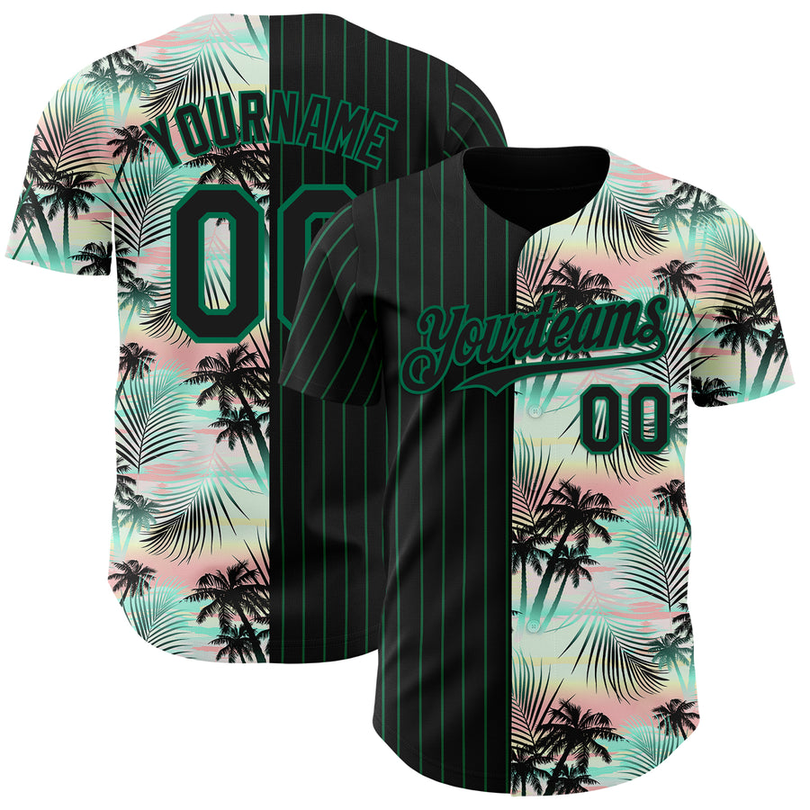 Custom Black Kelly Green 3D Pattern Design Pinstripe Tropical Palm Leaves Authentic Baseball Jersey
