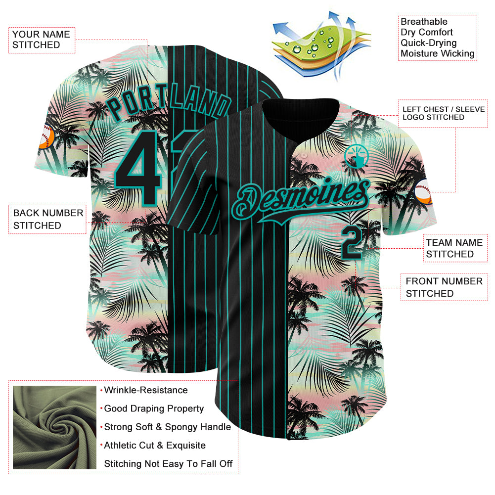 Custom Black Aqua 3D Pattern Design Pinstripe Tropical Palm Leaves Authentic Baseball Jersey