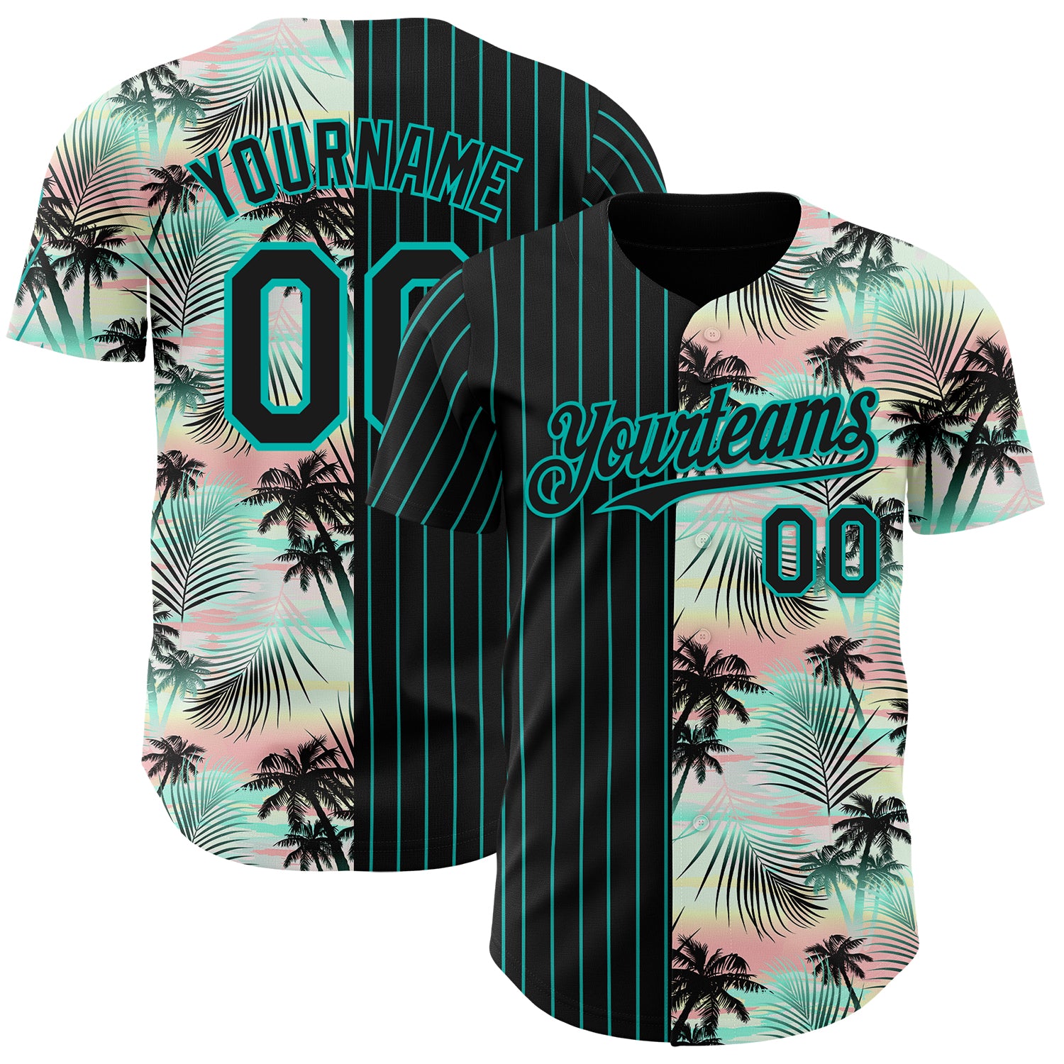 Custom Black Aqua 3D Pattern Design Pinstripe Tropical Palm Leaves Authentic Baseball Jersey