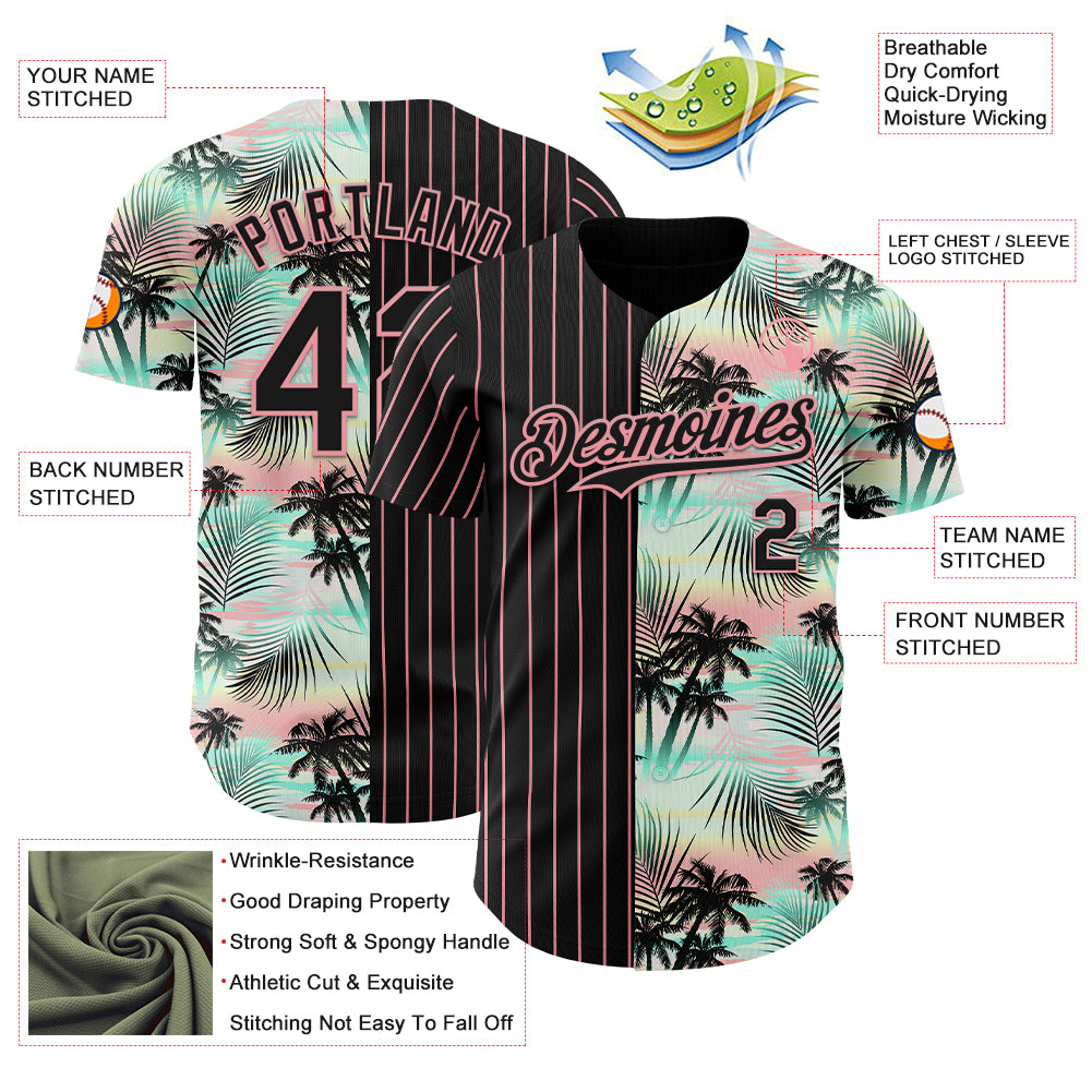 Custom Black Medium Pink 3D Pattern Design Pinstripe Tropical Palm Leaves Authentic Baseball Jersey