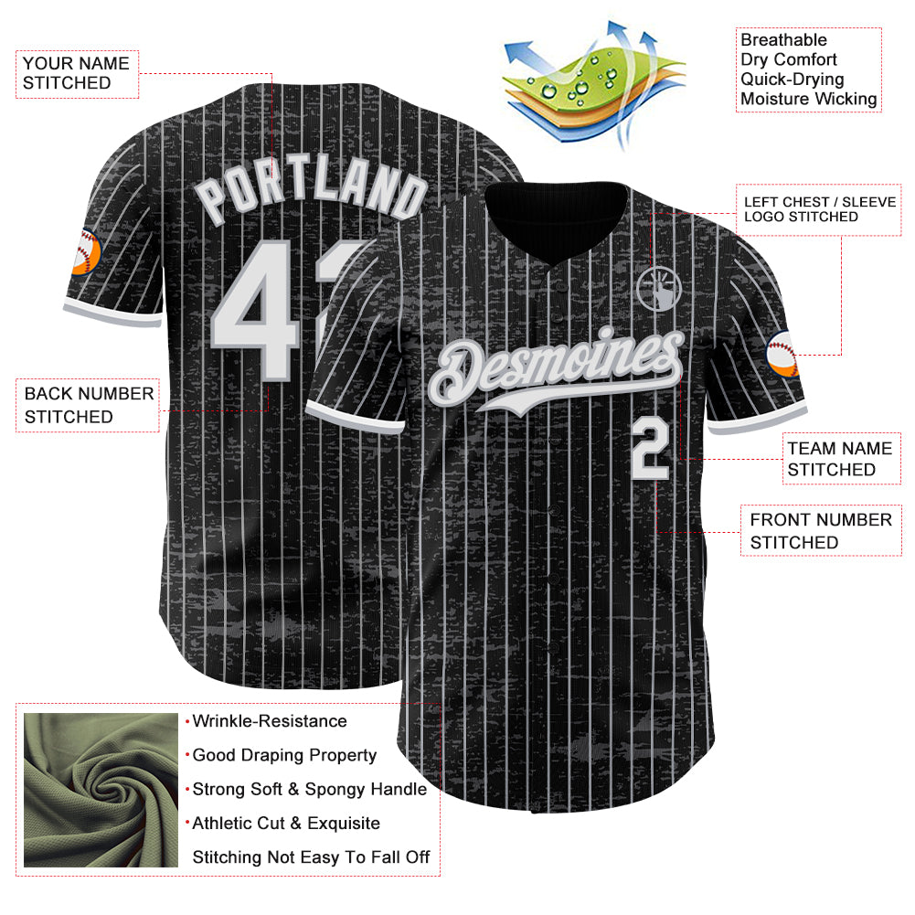 Custom Black Gray Pinstripe White 3D Pattern Design Fragment Art Authentic Baseball Jersey