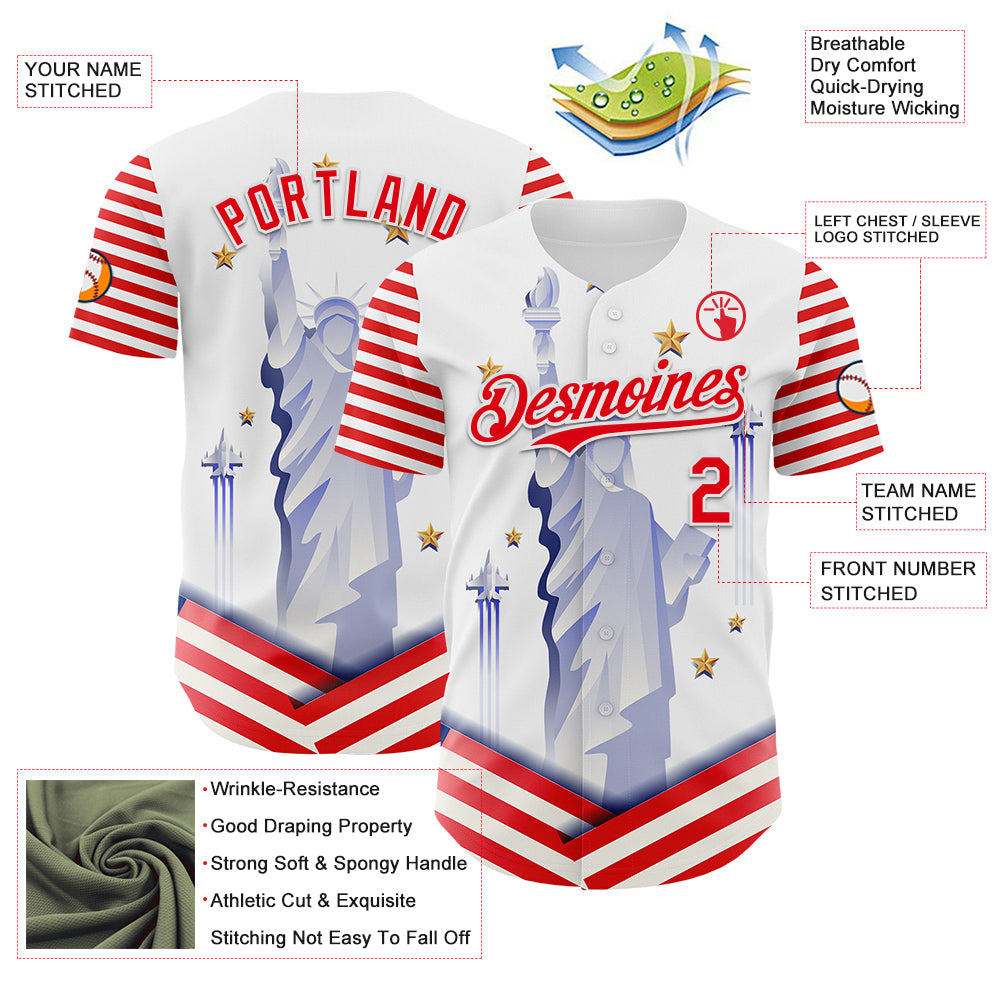 Custom White Fire Red 3D Patriotic American Flag And Statue of Liberty Authentic Baseball Jersey