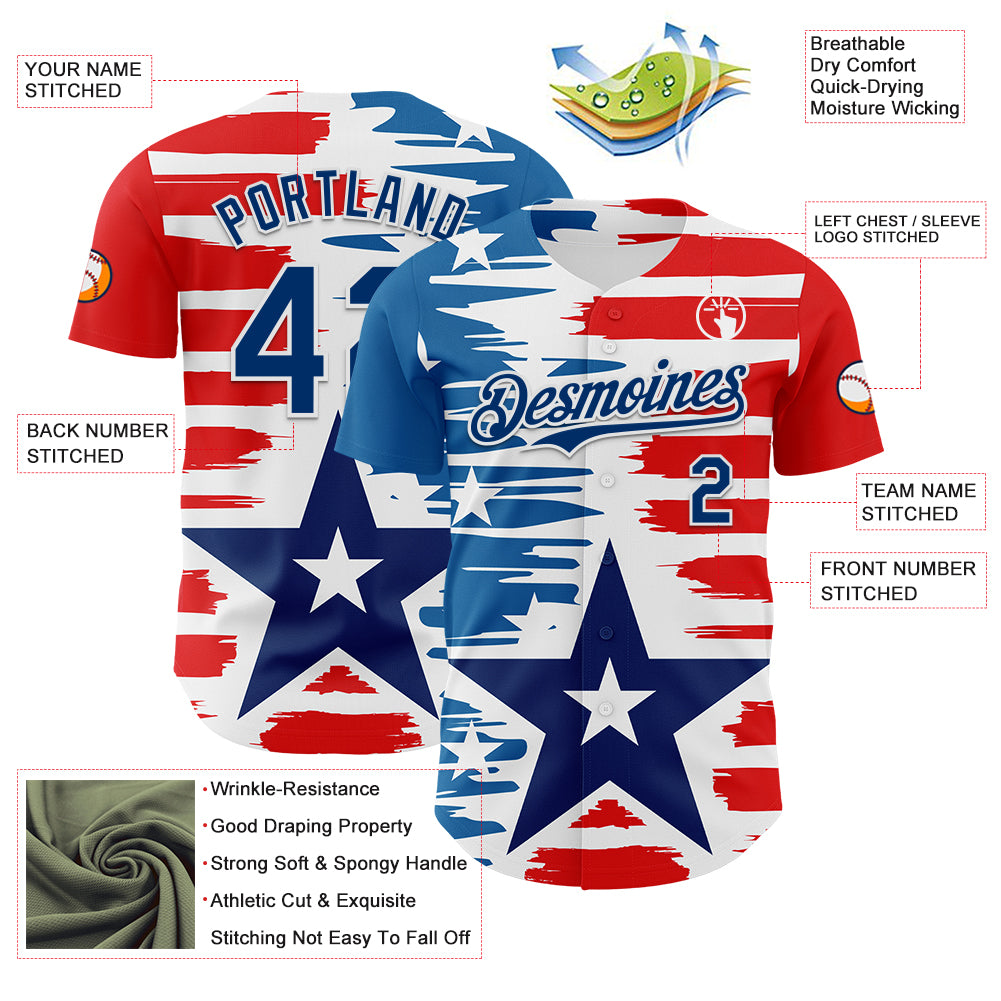 Custom White US Navy Blue-Red 3D Patriotic American Flag Authentic Baseball Jersey