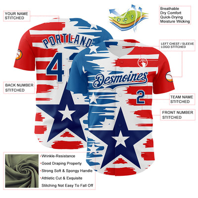 Custom White US Navy Blue-Red 3D Patriotic American Flag Authentic Baseball Jersey