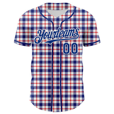 Custom White Royal-Red 3D Pattern Design Patriotic American Symbol Plaid Authentic Baseball Jersey