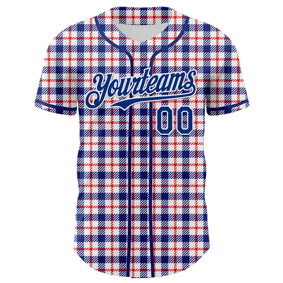 Custom White Royal-Red 3D Pattern Design Patriotic American Symbol Plaid Authentic Baseball Jersey