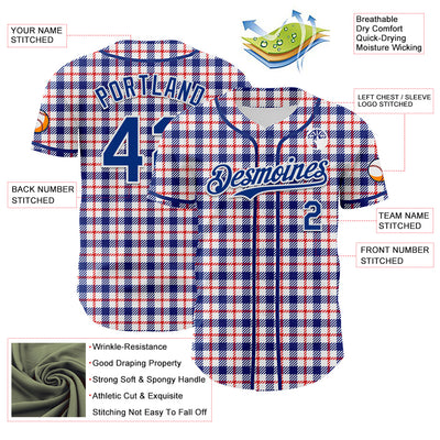 Custom White Royal-Red 3D Pattern Design Patriotic American Symbol Plaid Authentic Baseball Jersey