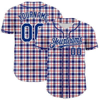Custom White Royal-Red 3D Pattern Design Patriotic American Symbol Plaid Authentic Baseball Jersey