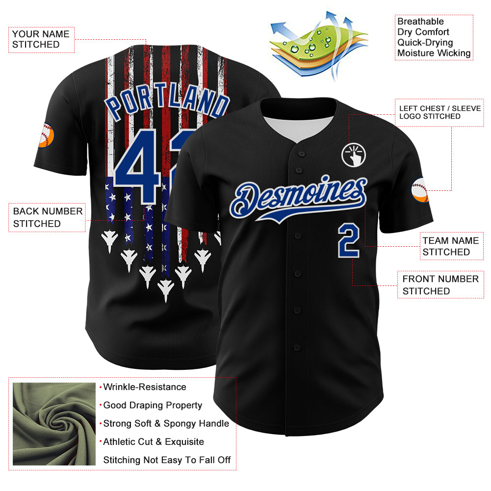 Custom Black Royal Red-White 3D Patriotic American Flag Authentic Baseball Jersey
