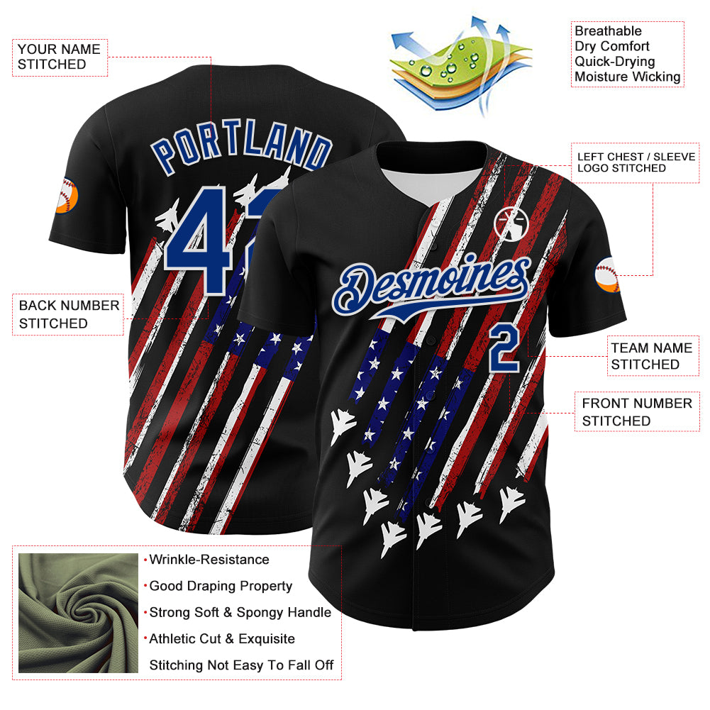 Custom Black Royal Red-White 3D Patriotic American Flag Authentic Baseball Jersey
