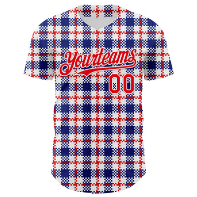 Custom White Fire Red-Royal 3D Pattern Design Patriotic American Symbol Plaid Authentic Baseball Jersey