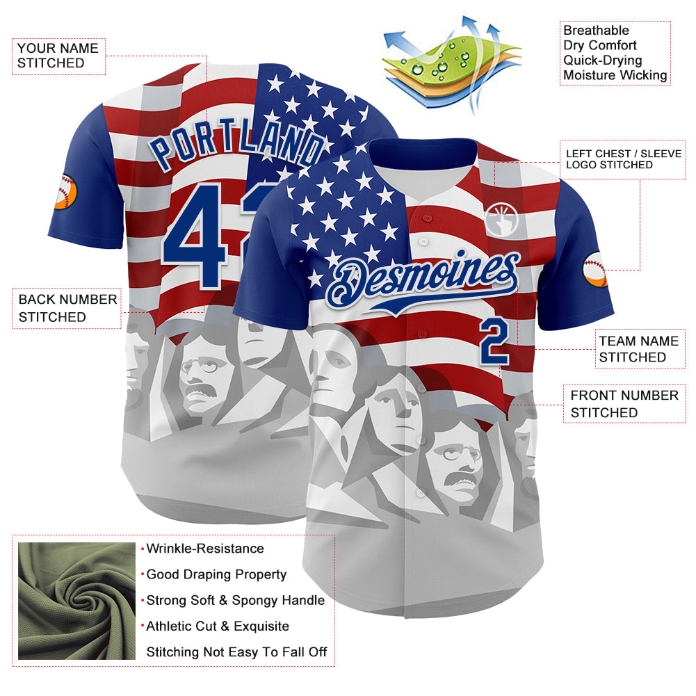 Custom Royal Red Gray-White 3D Patriotic American Flag And President's Day Authentic Baseball Jersey