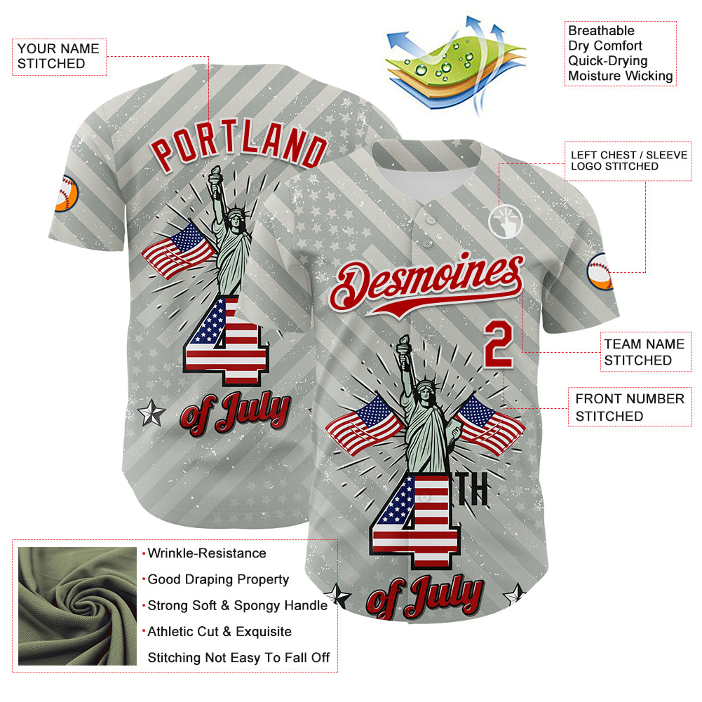Custom Gray Red-White 3D Patriotic American Flag And Statue of Liberty Authentic Baseball Jersey