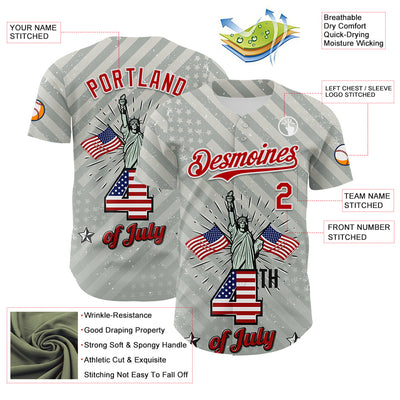 Custom Gray Red-White 3D Patriotic American Flag And Statue of Liberty Authentic Baseball Jersey