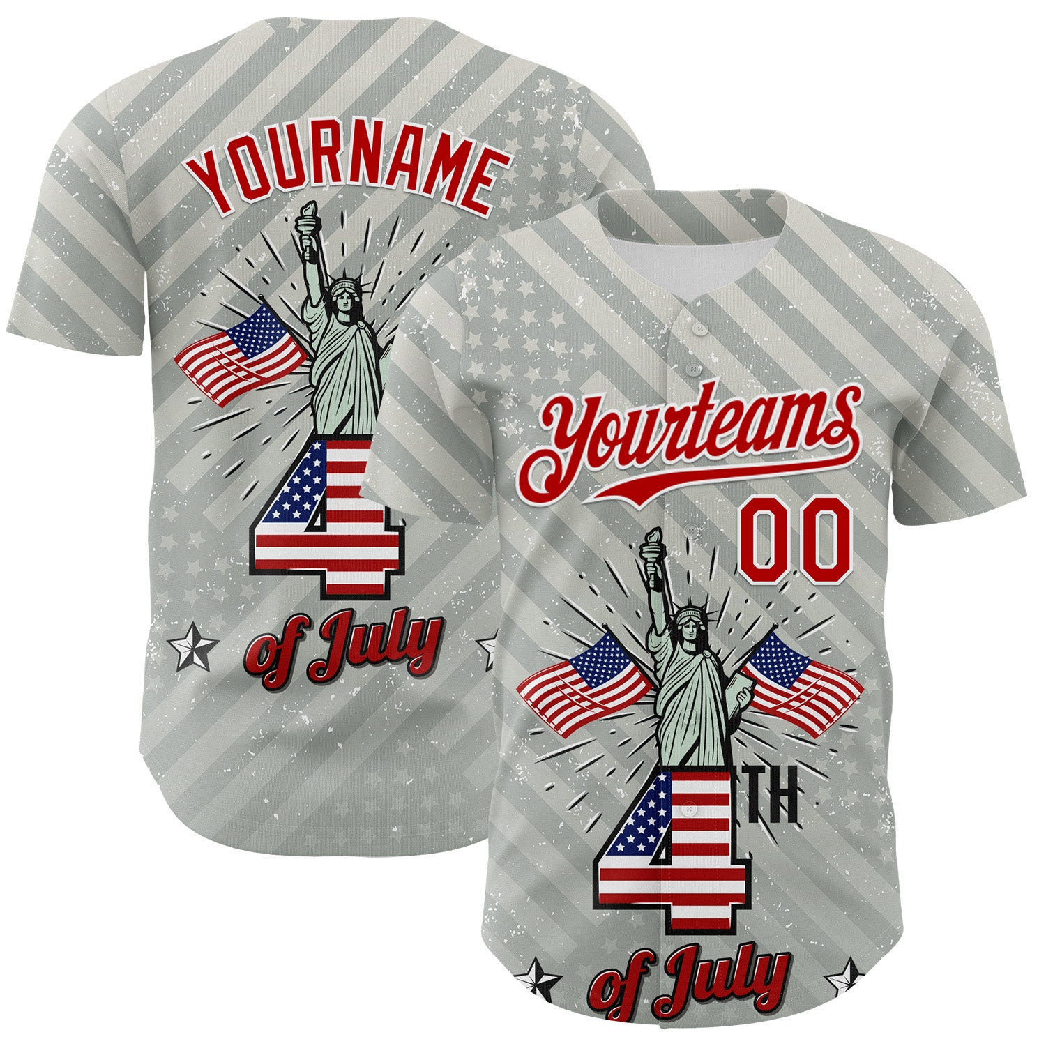 Custom Gray Red-White 3D Patriotic American Flag And Statue of Liberty Authentic Baseball Jersey