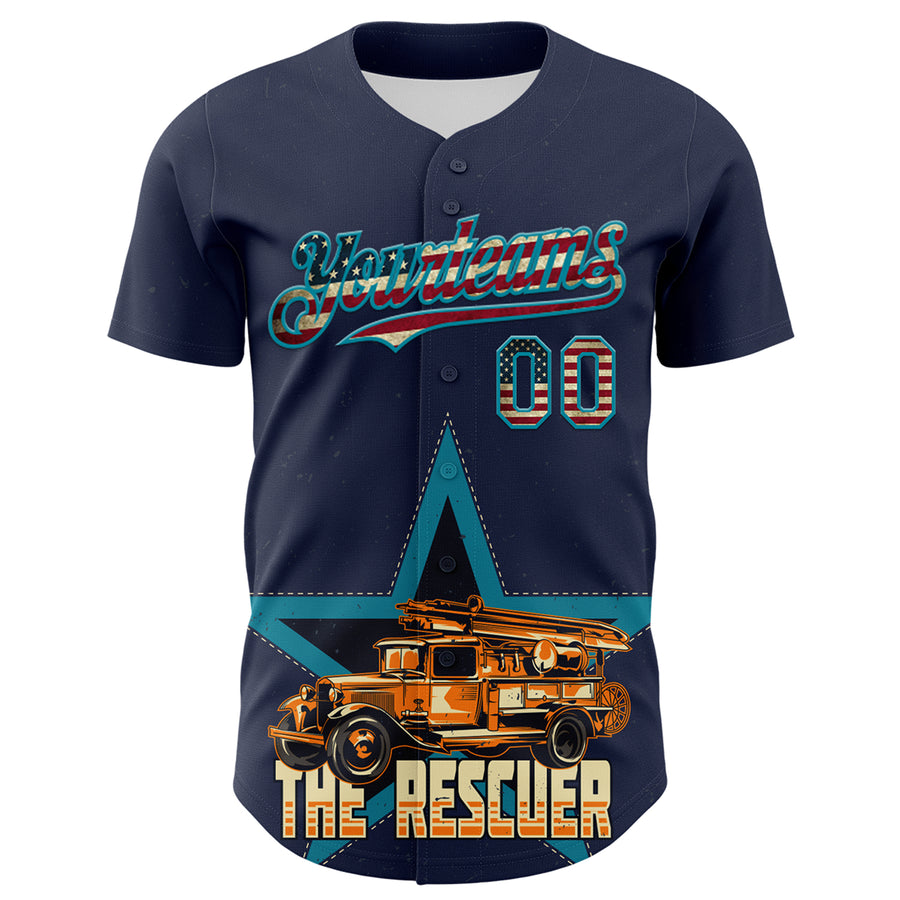 Custom Navy Vintage USA Flag-Teal 3D Patriotic American Symbol Fire Truck Authentic Baseball Jersey