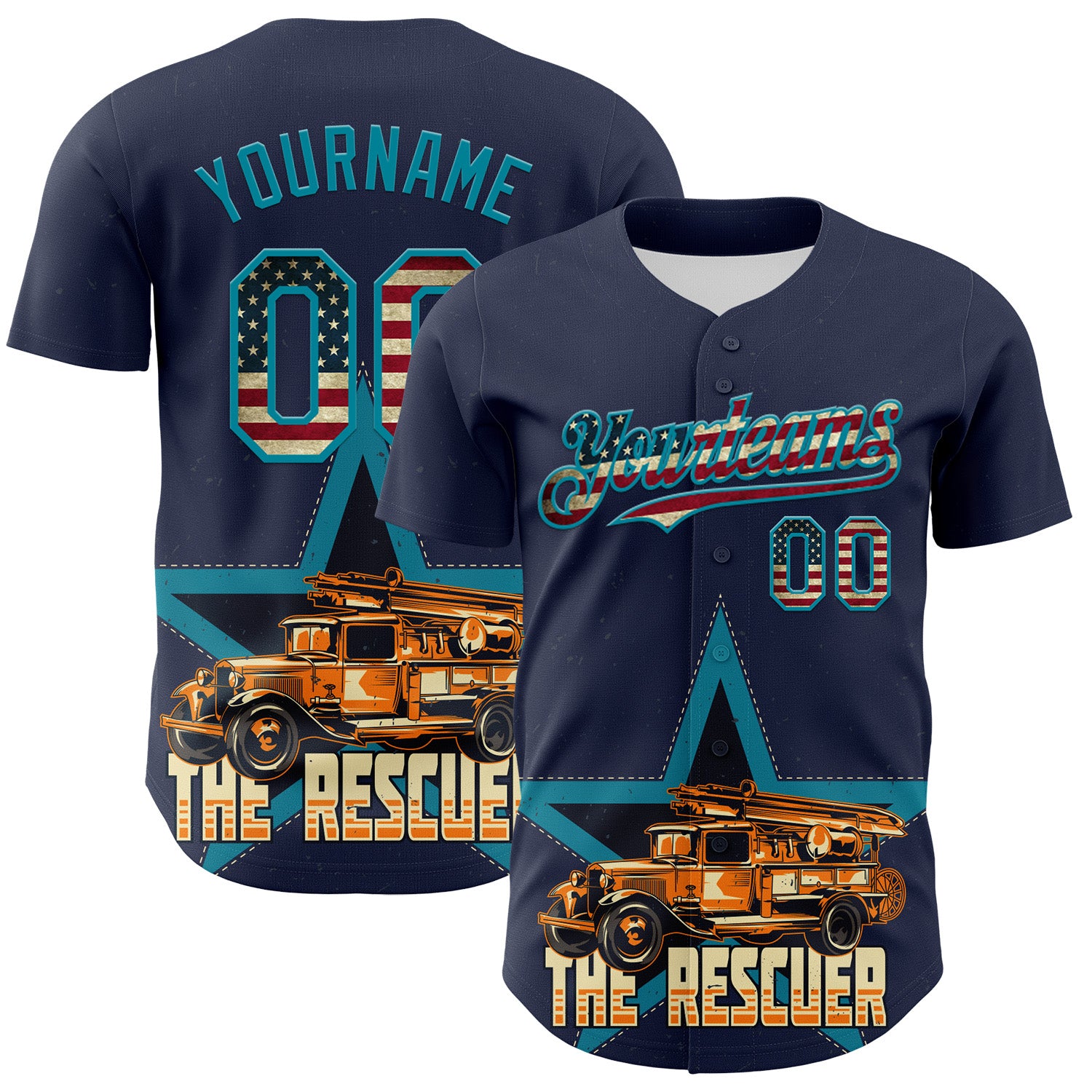 Custom Navy Vintage USA Flag-Teal 3D Patriotic American Symbol Fire Truck Authentic Baseball Jersey