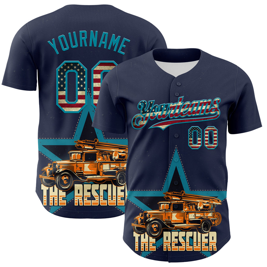 Custom Navy Vintage USA Flag-Teal 3D Patriotic American Symbol Fire Truck Authentic Baseball Jersey