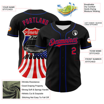 Custom Black Fire Red-Royal 3D Patriotic American Flag And Muscle Car Authentic Baseball Jersey