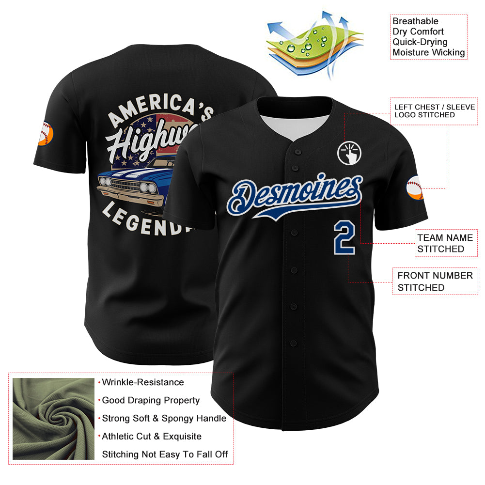 Custom Black US Navy Blue-White 3D Patriotic American Flag And Muscle Car Authentic Baseball Jersey