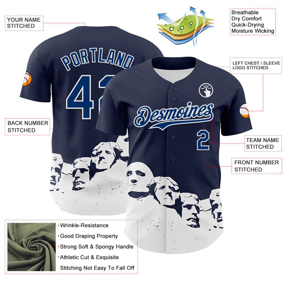 Custom Navy US Navy Blue-White 3D Pattern Design Patriotic American Spirit President's Day Authentic Baseball Jersey