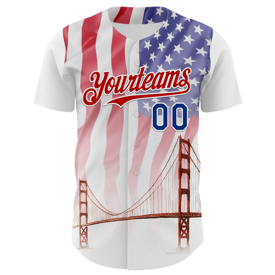 Custom White Royal-Red 3D Patriotic American Flag And Golden Gate Bridge Authentic Baseball Jersey