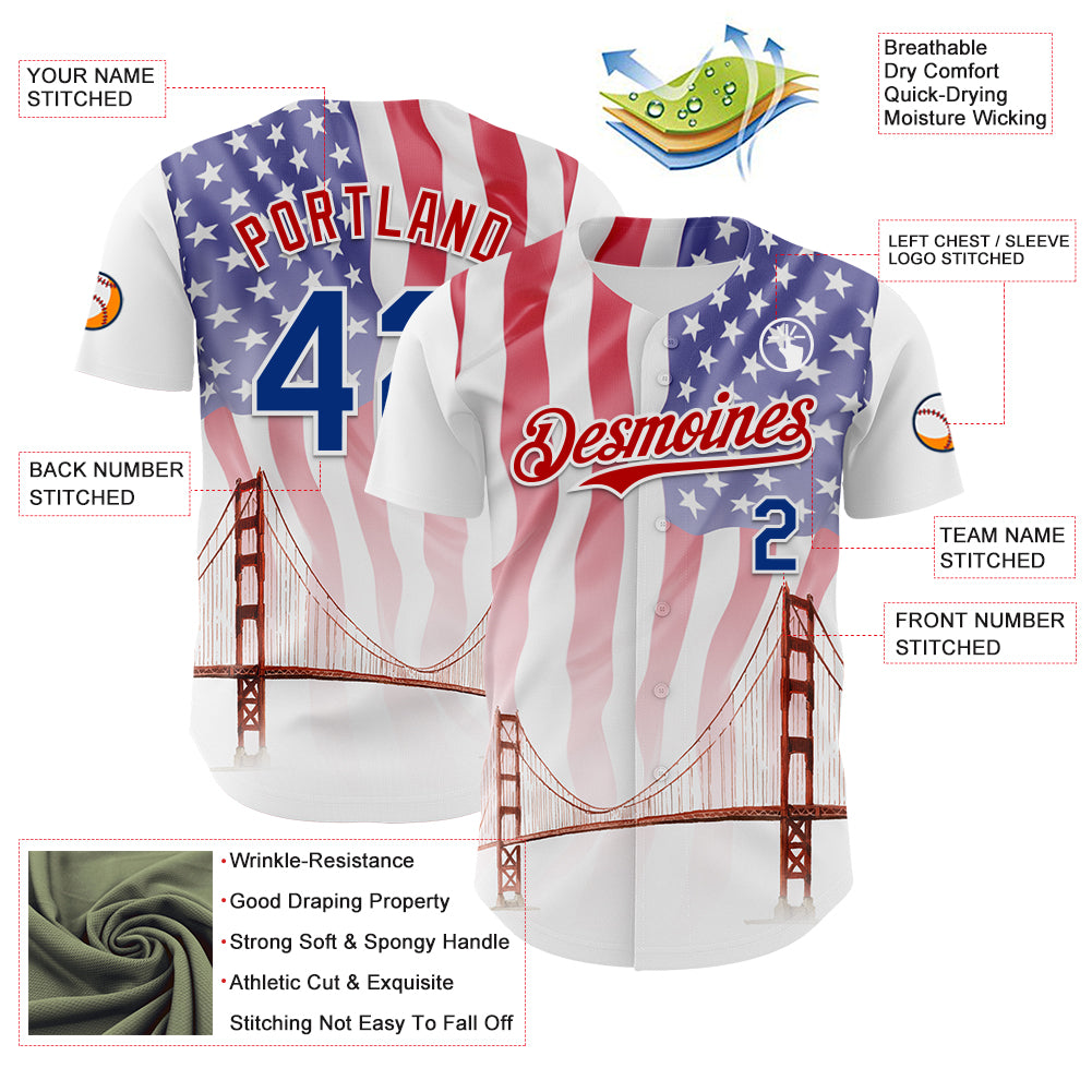 Custom White Royal-Red 3D Patriotic American Flag And Golden Gate Bridge Authentic Baseball Jersey