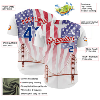 Custom White Royal-Red 3D Patriotic American Flag And Golden Gate Bridge Authentic Baseball Jersey