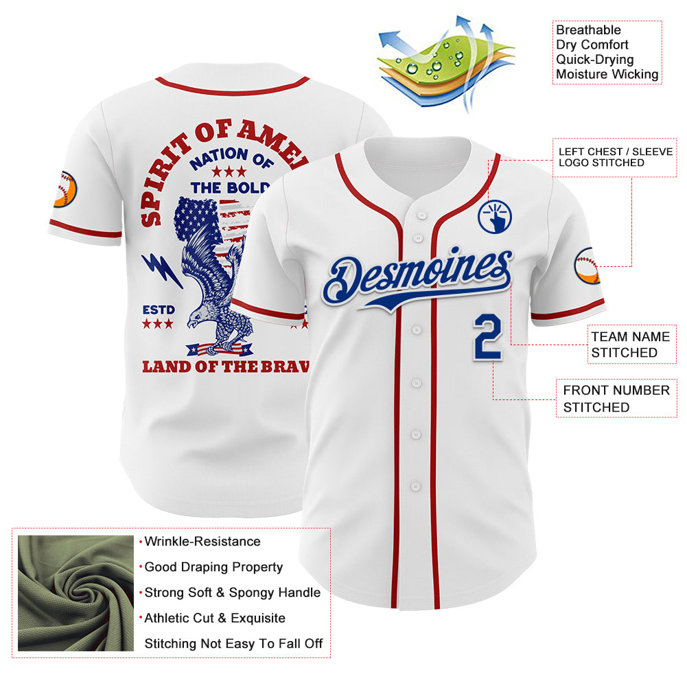 Custom White Royal-Red 3D Patriotic American Flag And Eagle Authentic Baseball Jersey