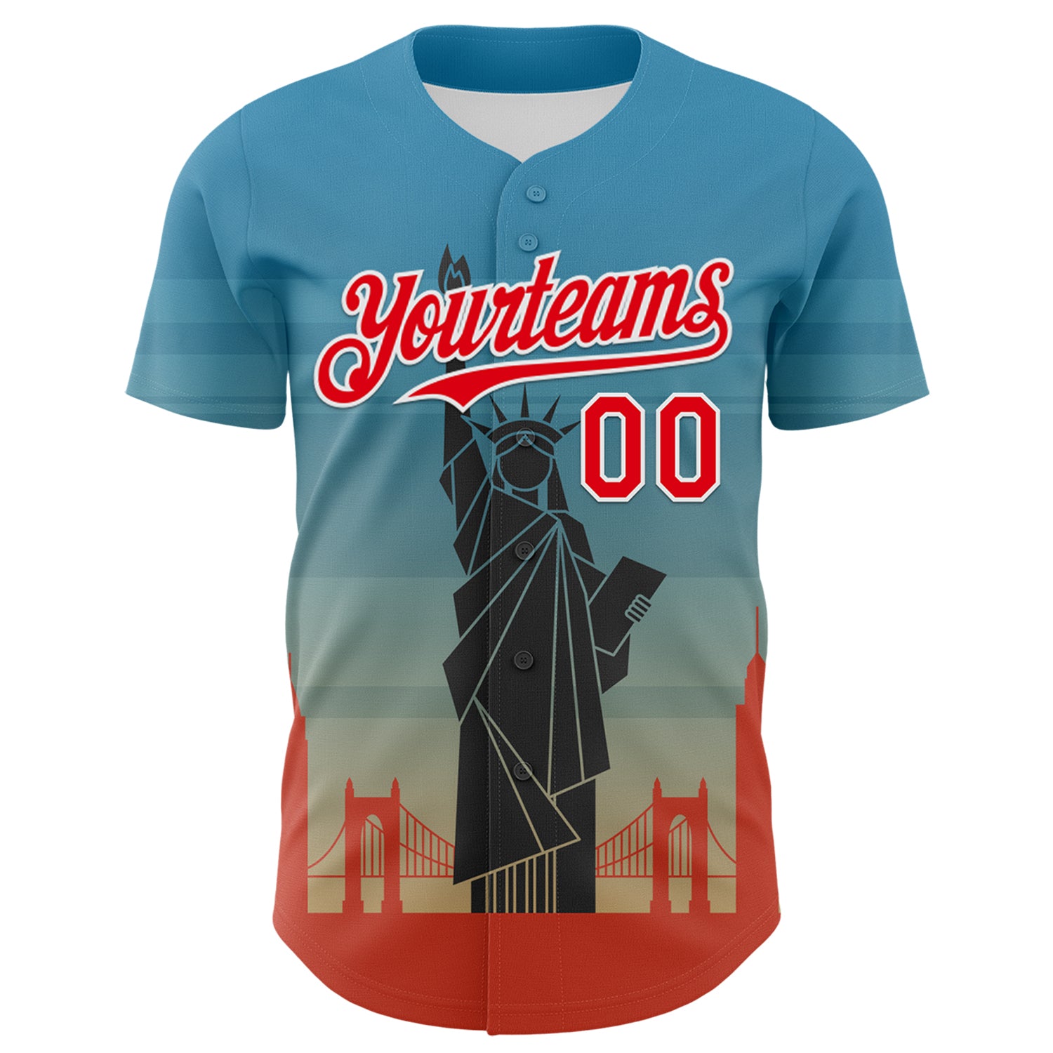 Custom Blue Fire Red-White 3D Pattern Design Patriotic American Symbol Golden Gate Bridge And Statue of Liberty Authentic Baseball Jersey