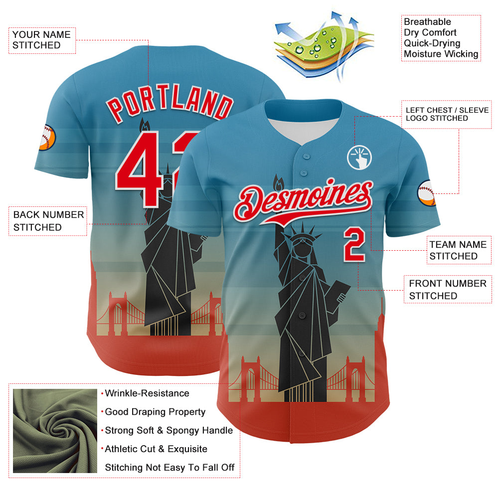 Custom Blue Fire Red-White 3D Pattern Design Patriotic American Symbol Golden Gate Bridge And Statue of Liberty Authentic Baseball Jersey