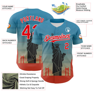 Custom Blue Fire Red-White 3D Pattern Design Patriotic American Symbol Golden Gate Bridge And Statue of Liberty Authentic Baseball Jersey